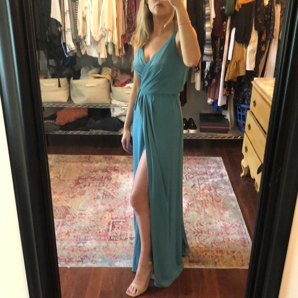 teal bridesmaid dresses david's bridal Teal Davids Bridal One Shoulder Lace Long Flowy Gown Bridesmaid Dress Size 10